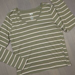 SO Olive Green Striped V-Neck Long Sleeve Shirt M